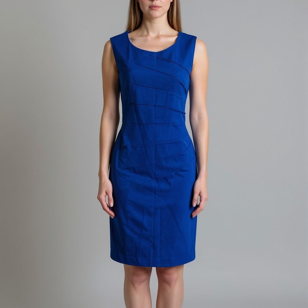 355. Calvin Klein Royal Blue Sleeveless‎ Pleated Front Sheath Dress Size 12